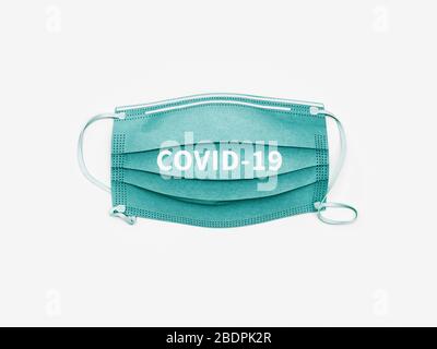 Covid 19. Chirurgische Maske. Einweg-Gesichtsmaske isoliert auf weiß. 3d-Rendering Stockfoto