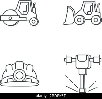 Road Works Pixel perfekte lineare Symbole festgelegt. Bulldozer für Bauarbeiten. Rolle für die Pflasterung. Anpassbare Kontursymbole mit dünnen Linien. Isolierter Vektor Stock Vektor