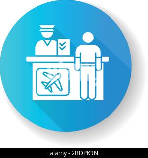 AirPort-Informationstisch, blaues flaches Design, Symbol für lange Schatten. Anmeldeschalter für Flugpassagiere. Helpdesk, um Fluginformationen bereitzustellen Stock Vektor