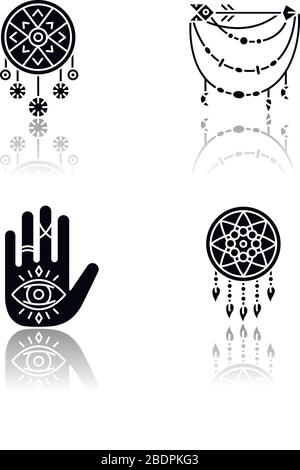 Zubehör im boho-Stil Schlagschatten schwarze Glyph-Symbole gesetzt. Palmistik, Hexerei und esoterische Amulette. Dreamcatcher, Hand und alle sehenden Augen Stock Vektor