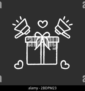 Produktwerbung Kreide weißes Symbol auf schwarzem Hintergrund. Sonderangebot. Geschenkbox mit Band. Werbung und Marketing. Einkaufskampagne. Isoliert Stock Vektor