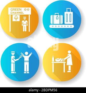 AirPort-Terminal flaches Design mit langen Schatten-Glyphe, Symbole festgelegt. Checkpoint am Flughafenterminal. Sicherheit am Eingang. Bodyscan. Tisch für Mutter und wechseln Stock Vektor