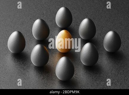 Schwarze und goldene Eier in vertikaler Position auf schwarzem Hintergrund. Kreative minimalistische abstrakten Ostern Konzept. 3d-Rendering Stockfoto