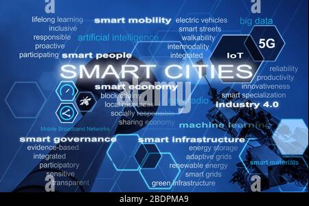 Digitales Verbundbild mit Smart City Domains und Industrie 4.0, überlagert auf Low-Angle-Bild von Kommunikationstürmen. Stockfoto