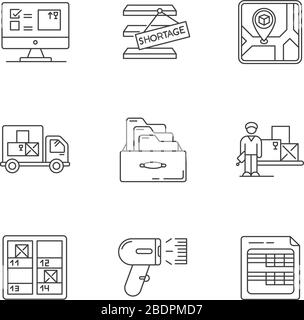 Inventory Control und Buchhaltung Pixel perfekte lineare Symbole gesetzt. Tabellenkalkulationen und Kartensystem. Anpassbare Kontursymbole mit dünnen Linien. Isoliert Stock Vektor