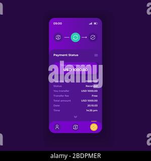 Online-Zahlungsanwendung Smartphone-Schnittstelle Vektor-Vorlage. Layout für dunkle Designs auf der Seite der mobilen App. Bildschirm Transaktionsstatus. Flache Benutzeroberfläche für Stock Vektor