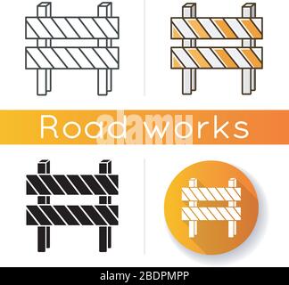 Symbol für Straßensperre. Gestreifter Block auf der Autobahn. Schild für Sackgasse. Barrikade für verbotene Arbeitsstelle. Blockiertes Autobahnhindernis. Lineare schwarze und RGB-Farbe Stock Vektor