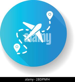 Flugstrecke blaues flaches Design langes Schatten-Glyphe-Symbol. Flugziel mit GPS-Zeiger. Ort für die Ankunft im Flugzeug. Pfad der Fluggesellschaft mit Punkt Stock Vektor