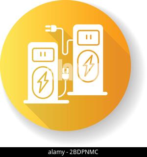 Power Repage Terminal gelb flaches Design Long Shadow Glyph Symbol. Selbstbedienungskiosk zum Aufladen des Fahrzeugs. Druckspeicher für alternative Kraftstoffversorgung Stock Vektor