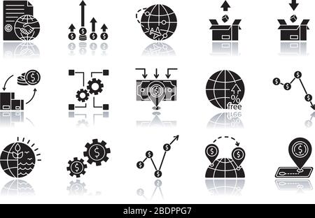 Global Trade Drop Shadow Black Glyph Icons Set. Weltwirtschaft, Investitionen und Einkommen. Export und Import, Geschäftsressourcen und natürliche Ressourcen Stock Vektor