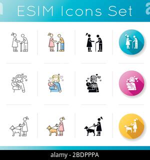 Babysitter-Services-Symbole festgelegt. Ältere Person mit Rohrstock. Sozialarbeiter helfen dem alten Mann. Haustiersitzend. Elternschaft und Mutterschaft. Linear, schwarz und RGB Stock Vektor