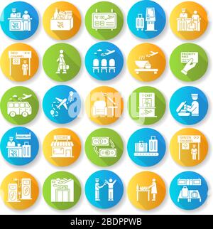 AirPort-Terminal flaches Design mit langen Schatten-Glyphe, Symbole festgelegt. Bordkarte. Fluginformationen. Raucherbereich. Lounge für Passagiere. Fluggesellschaft Stock Vektor