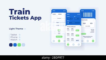Train Tickets App Cartoon Smartphone Interface Vector Templates Set. Design des Tagesmodus für den Bildschirm der mobilen App. Durchsuchen der Benutzeroberfläche für Menü- und Reisedetails Stock Vektor