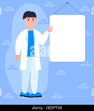Lächelnder junger Arzt oder Wissenschaftler zeigt seine Hand auf leerem Brett, Papier, Plakat. Kopieren Sie den Platz, um Text hinzuzufügen, den Konzeptvektor für medizinische Informationen Stock Vektor