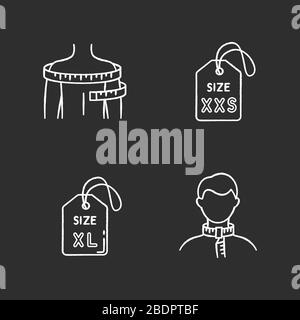 Kleidung Größe Tags und Körper mit Kreide weiße Symbole auf schwarzem Hintergrund. Etiketten in XS- und XXL-Größe, Hals- und Schulterumfang. Maßgeschneidert Stock Vektor
