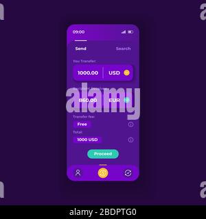 Vektorvorlage für die Benutzeroberfläche von Money Operations für Smartphones. Layout für dunkle Designs auf der Seite der mobilen App. Währungsübertragung, Bildschirm "Umtausch". Flach Stock Vektor