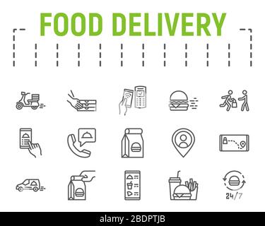 Symbolsatz für die Lebensmittelzustellung, Sammlung von Fast-Food-Symbolen, Vektorskizzen, Logo-Illustrationen, Symbole für den Lebensmittelzustelldienst, Schilder für die schnelle Lieferung Stock Vektor