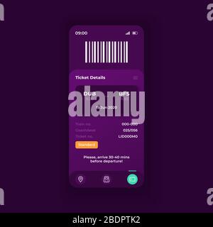 Online-Reise-Reservierung Anwendung Smartphone Schnittstelle Vektor Vorlage. Layout für dunkle Designs auf der Seite der mobilen App. Bildschirm mit Informationen zu elektronischen Tickets Stock Vektor