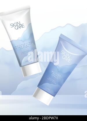 Vector Kosmetik oder Healthcare Tube Packaging Poster Design Thema Meer / Ozean Licht Blau Aquarelldruck Stock Vektor