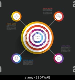 Infografievorlage für Vektor-Mehrzweckaufnahmen mit vier Elementen um die Zielpyramidenkreise auf dunklem Hintergrund Stock Vektor