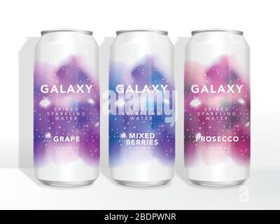 Starry Universe Galaxy Aquarelldruck von Blechkanne Bier, Getränke, Saft, Tee, Kaffee, Alkohol Getränke Verpackung Stock Vektor