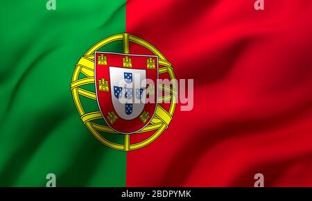 Flagge Portugals, die im Wind weht. Vollständige portugiesische Flagge. 3D-Abbildung. Stockfoto