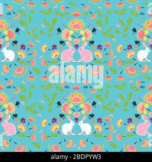 Vector Folk Art boho lebendiges osterbühnenmuster auf weißem türkisfarbenem Hintergrund. Fröhliches Federdesign. Veranstaltung und Feiertage. Oberflächenmuster. Stock Vektor