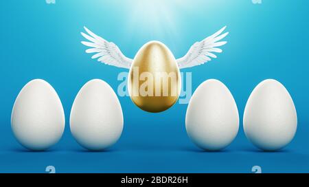 Konzept von Individualität oder Exklusivität. Golden Egg hebt ab, winkt mit den Flügeln, zwischen weißen Eiern auf blauem Hintergrund. 3d-Rendering Stockfoto