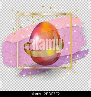 Gläsernes Osterei auf dem Goldplatz mit rosafarbenen Blots auf transparentem Hintergrund. Platz Erreichte. Oster-Banner. Stock Vektor