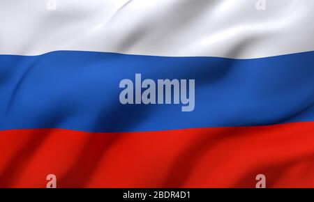 Flagge Russlands, die im Wind weht. Vollständige russische Flagge. 3D-Abbildung. Stockfoto