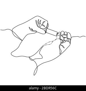 Spritze in der Hand. Einzeilige Zeichnung isoliertes Vektorobjekt von Hand auf weißem Hintergrund Stock Vektor