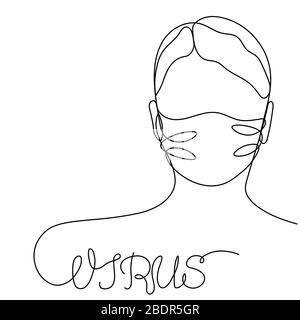 Virusmädchen in einer Schutzmaske, Profilporträt in einer Zeile gezeichnet. Vektorgrafiken für isolierte Lagerbestände Stock Vektor