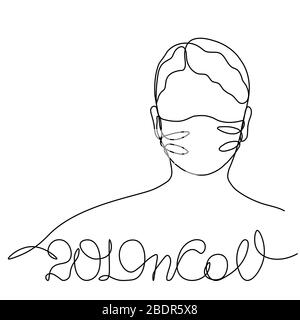 2019nCOV Mädchen in einer Schutzmaske, Profilporträt in einer Zeile gezeichnet. Vektorgrafiken für isolierte Lagerbestände Stock Vektor