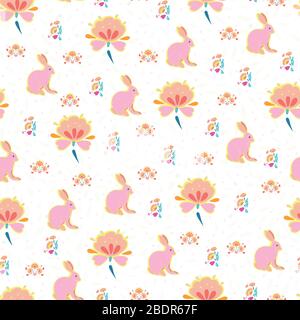 Vector Cute Folk Art süßes, ditsiges Kaninchenmuster mit Blumenmuster auf weiß gestricheltem Hintergrund. Fröhliches Federdesign. Veranstaltung und Feiertage. Oberflächenmuster. Stock Vektor