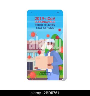 afroamerikanischer Mann Kurier in Maske mit Paketbox Coronavirus Ausbruchschutz Auftragslieferung bleiben Sie zu Hause Konzept Smartphone-Bildschirm mobile App Portrait Vektorgrafiken Stock Vektor