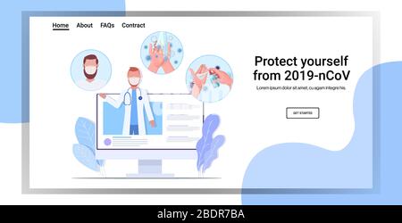 Arzt in Schutzmaske mit grundlegenden Schutzmaßnahmen gegen Coronavirus Online-Beratung Gesundheitskonzept horizontale Kopie Raum Vektor Illustration Stock Vektor