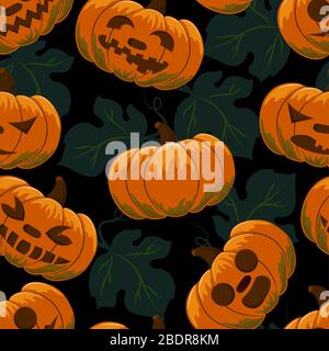 Vektor, nahtloser Hintergrund. Halloween. Hintergrund mit Blättern und Kürbissen. Gesichter von Gemüse. Auf schwarzem Hintergrund Stock Vektor