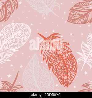 Leuchtend gefärbte Federn auf einem rosafarbenen Hintergrund. Vektor für nahtlose Darstellung Stock Vektor