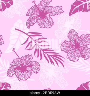 Blumen. Tropische Palmblätter, Dschungel hinterlässt einen nahtlosen Hintergrund mit vektoriellen Blumenmustern. Stock Vektor