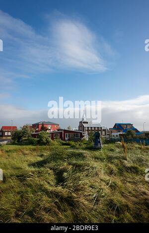 Das Fischerdorf Eyrarbakki an der Südküste Islands Stockfoto
