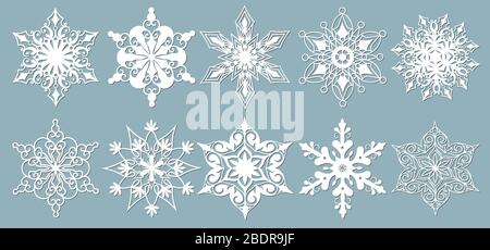 Satz von Schneeflocken. Laser Schnittmuster für Weihnachten Papier Karten, Designelemente, scrapbooking. Vector Illustration Stock Vektor