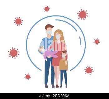 Maßnahmen gegen Viren schützen. Medizinische Schutzmaske für Familienmitglieder. Stoppen Sie die Infektion mit einer Coronavirus-Pneumonie. Vektorgrafiken. Stock Vektor