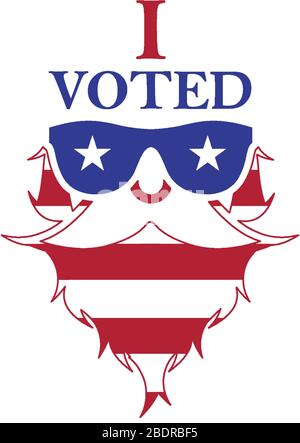 Ich habe für das Aufkleberdesign gestimmt. Bärtiger Mann in Sonnenbrille. Die US-Präsidentschaftswahl 2020. Amerikanische Flaggenfarben. Vektorgrafiken. Stock Vektor