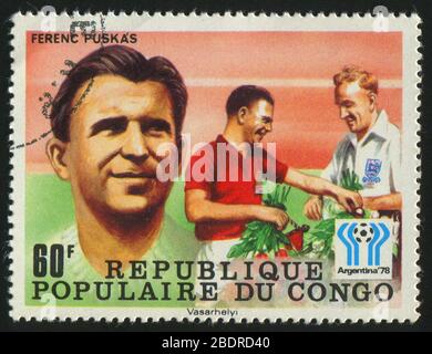 KONGO - UM 1978: Briefmarke gedruckt von Kongo, zeigt Porträt Ferenc Puskas, um 1978. Stockfoto