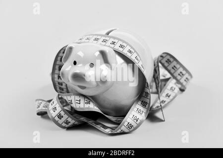 Sparschwein und Maßband. Konzept der Budgetgrenze. Kreditkreditschulden. Finanzberatung. Wirtschaft und Finanzen. Schweinefalle. Haushaltskrise. Planungsbudget. Geschäftsproblem. Eingeschränkt oder eingeschränkt. Stockfoto