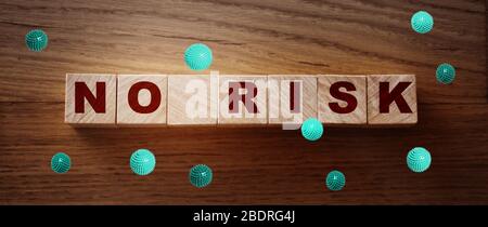 Kein Risiko Wörter Buchstaben auf Holzwürfeln und Coronavirus Partikel um. Coronavirus Risiken Alarm Covid-19 Prävention Konzept Stockfoto