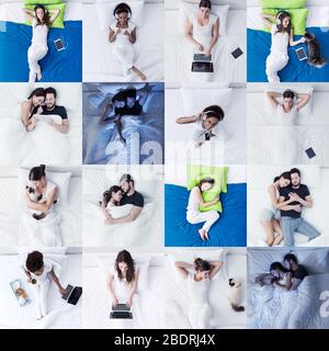 Menschen und Schlafzimmer-Lifestyle: Menschen, die im Bett liegen, schlafen, verbinden und entspannen, Bilder Mosaik-Set Stockfoto