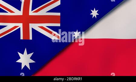 Zwei Staaten Flaggen von Australien und Polen. Qualitativ hochwertiger Hintergrund. 3d-Darstellung Stockfoto