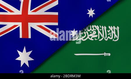 Zwei Staaten Flaggen von Australien und Saudi-Arabien. Qualitativ hochwertiger Hintergrund. 3d-Darstellung Stockfoto