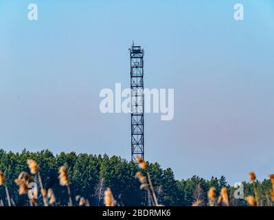 Feuerbeobachtungsturm im Wald vor blauem Himmel. Hilfe. Notfall. Platz für Text. Hintergrundbild. Ökologie. Umwelt. Stockfoto
